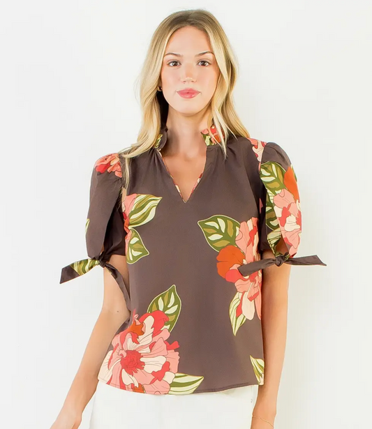 RUFFLED FLORAL TOP WITH BOW TIE SLEEVE