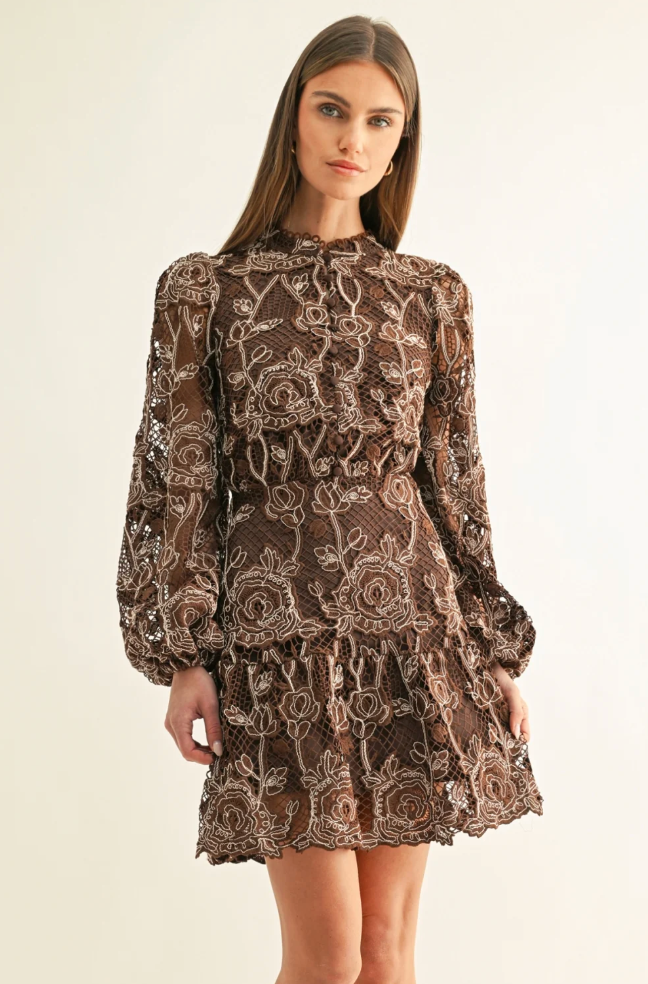 MAKAI LONG SLEEVE LACE MINI DRESS