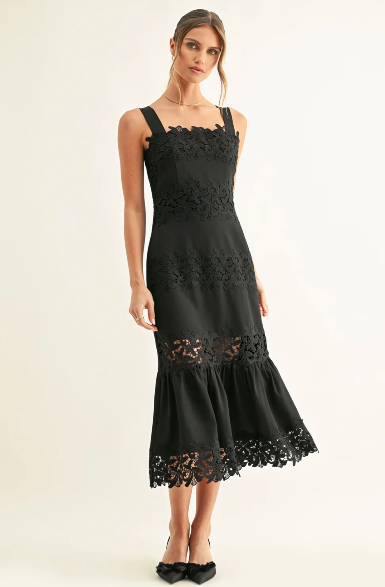 DAVINA LACE INSERTED SLEEVELESS MIDI DRESS
