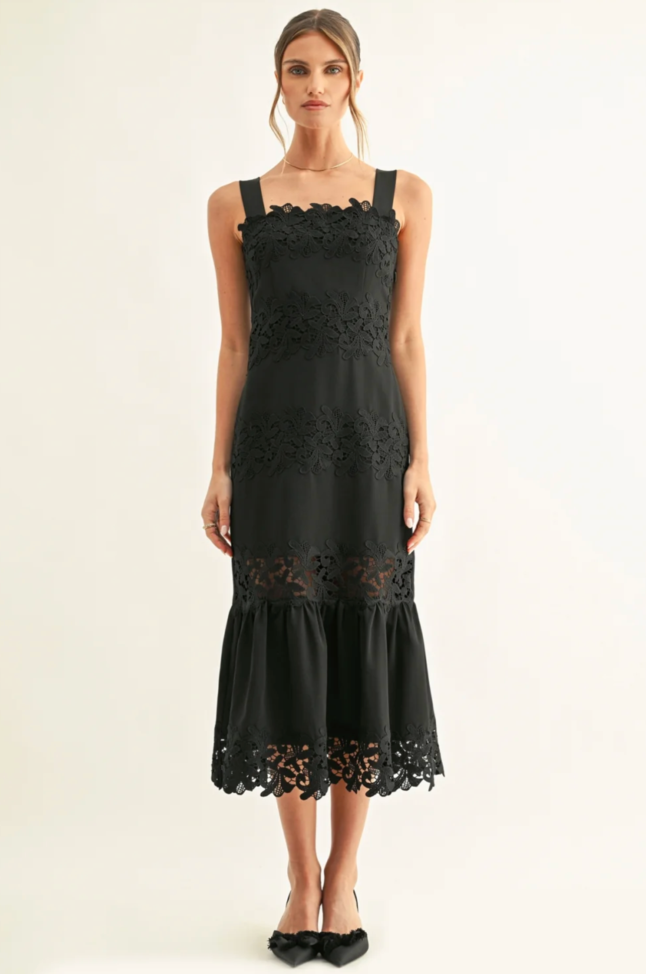DAVINA LACE INSERTED SLEEVELESS MIDI DRESS