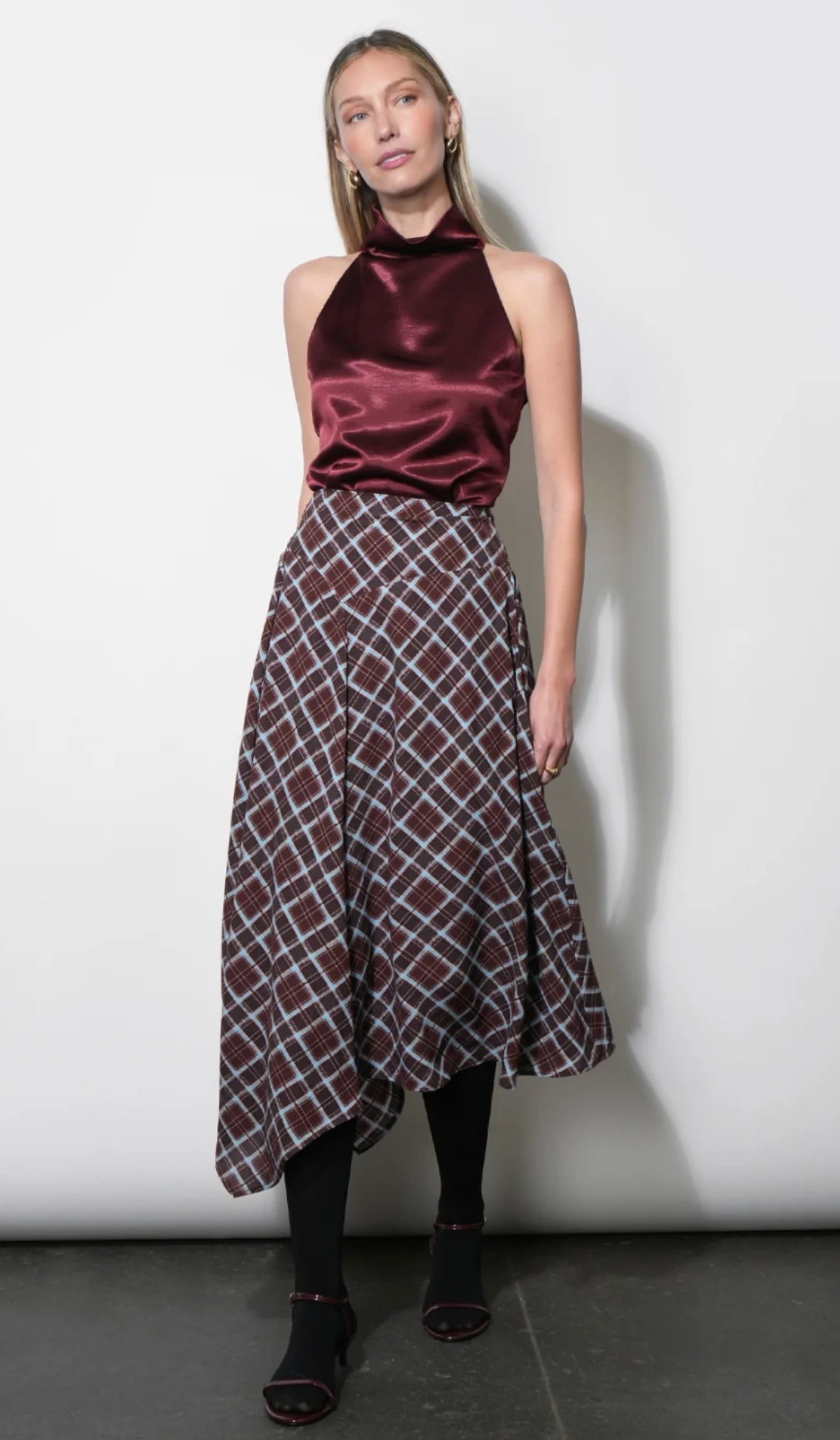 RHODES ASYMMETRIC PLAID MIDI SKIRT