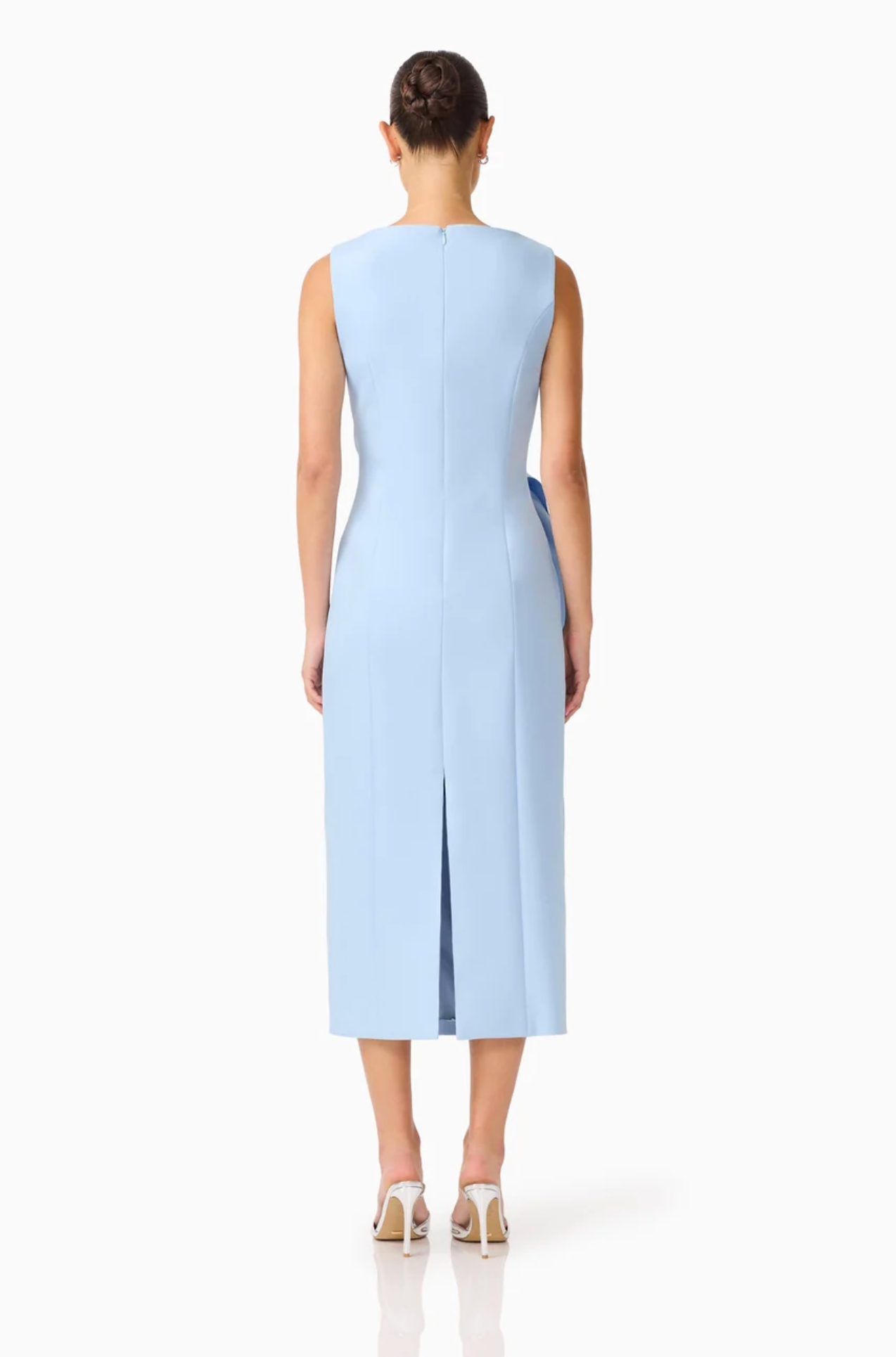 LIORA DRAPED RUFFLE COLUMN MIDI DRESS
