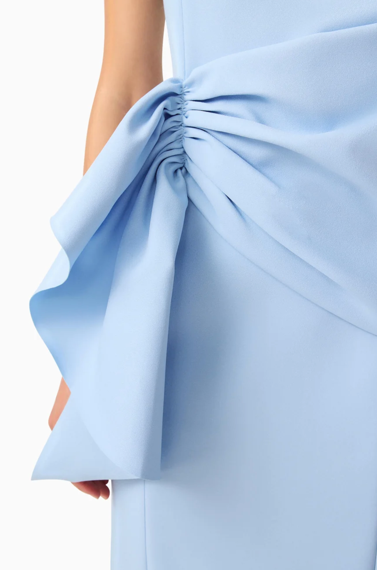 LIORA DRAPED RUFFLE COLUMN MIDI DRESS