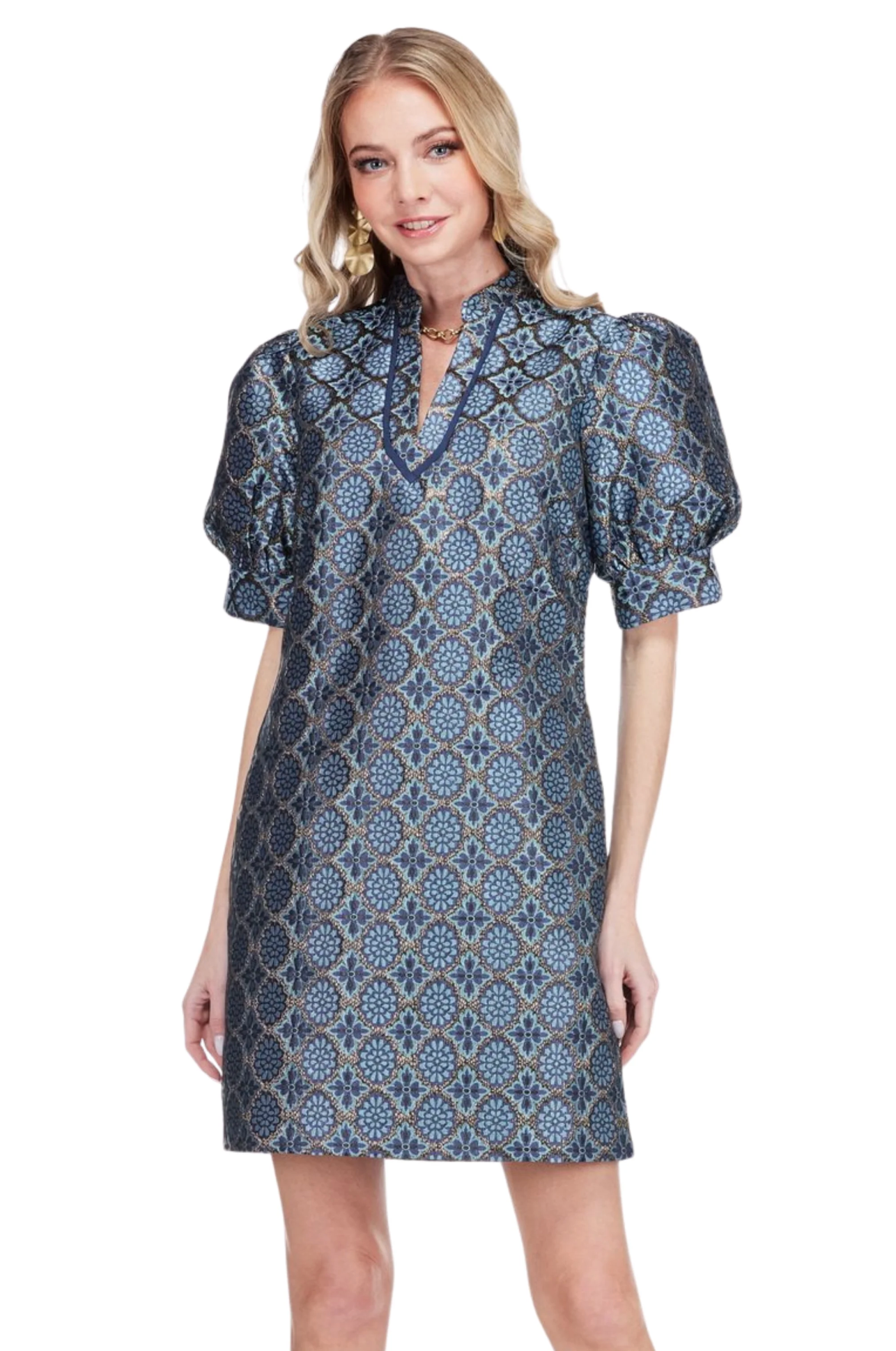 COLLAR TRIMMED V NECK DRESS