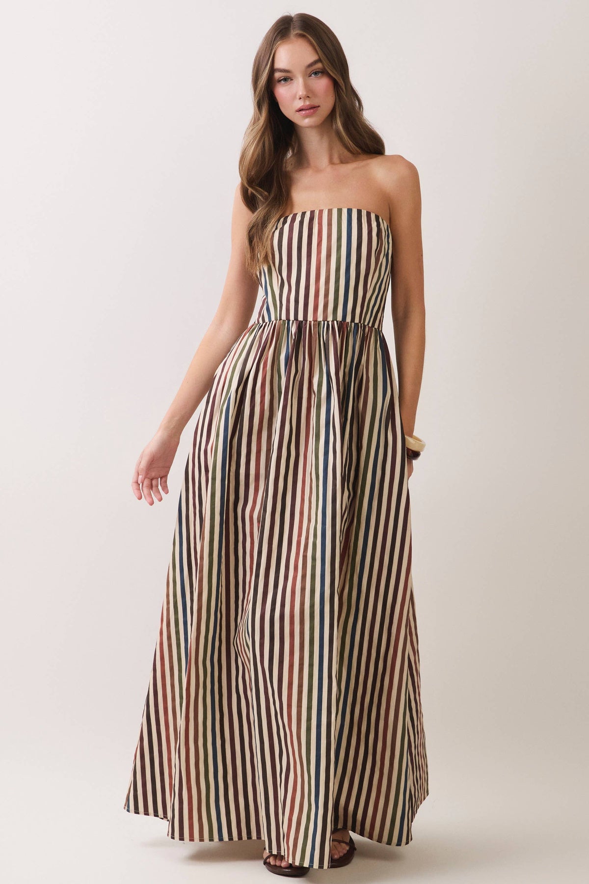 MULTI STRIPE STRAPLESS MAXI DRESS