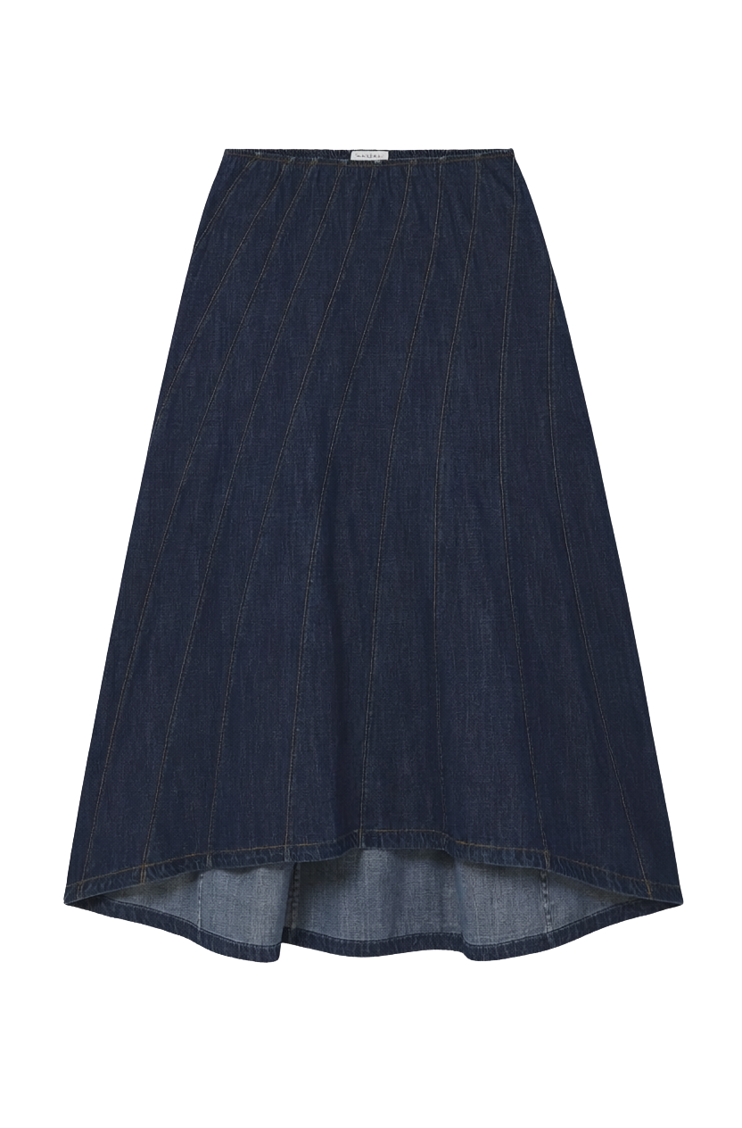 DENIM CURVED PANEL SEAM MAXI SKIRT