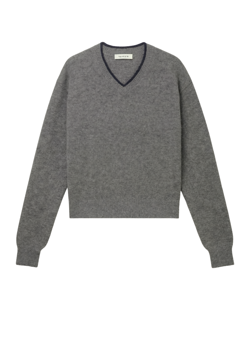 SLOANE HIGH V-NECK DOUBLE TRIM CASHMERE PULLOVER