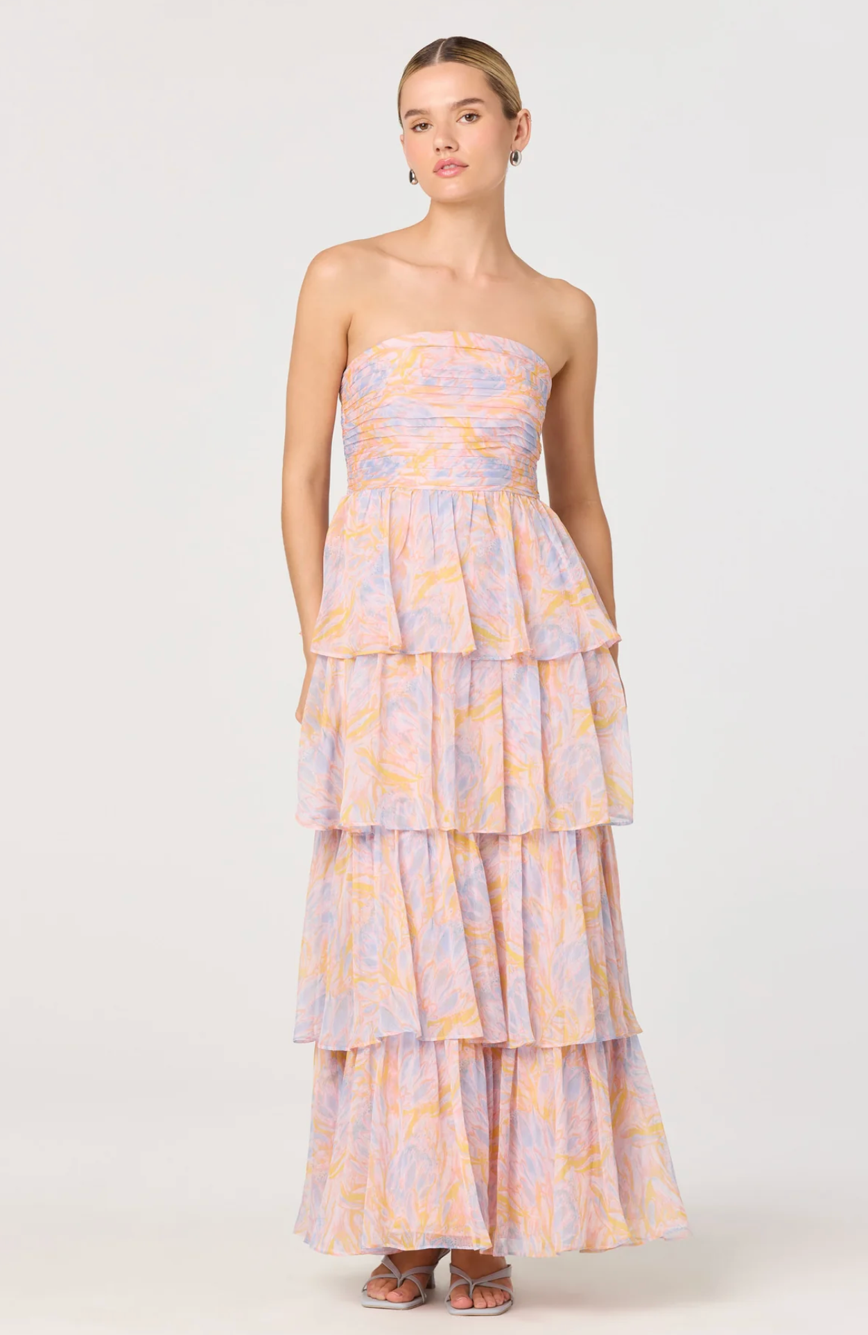 ANISHA STRAPLESS FLORAL RUFFLE MAXI DRESS