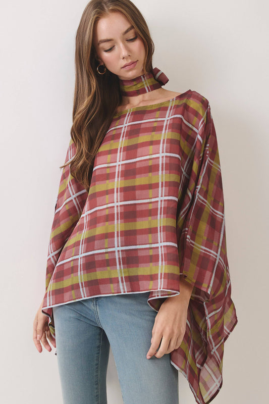 CT10174-Plaid Scarf Neck Poncho Top