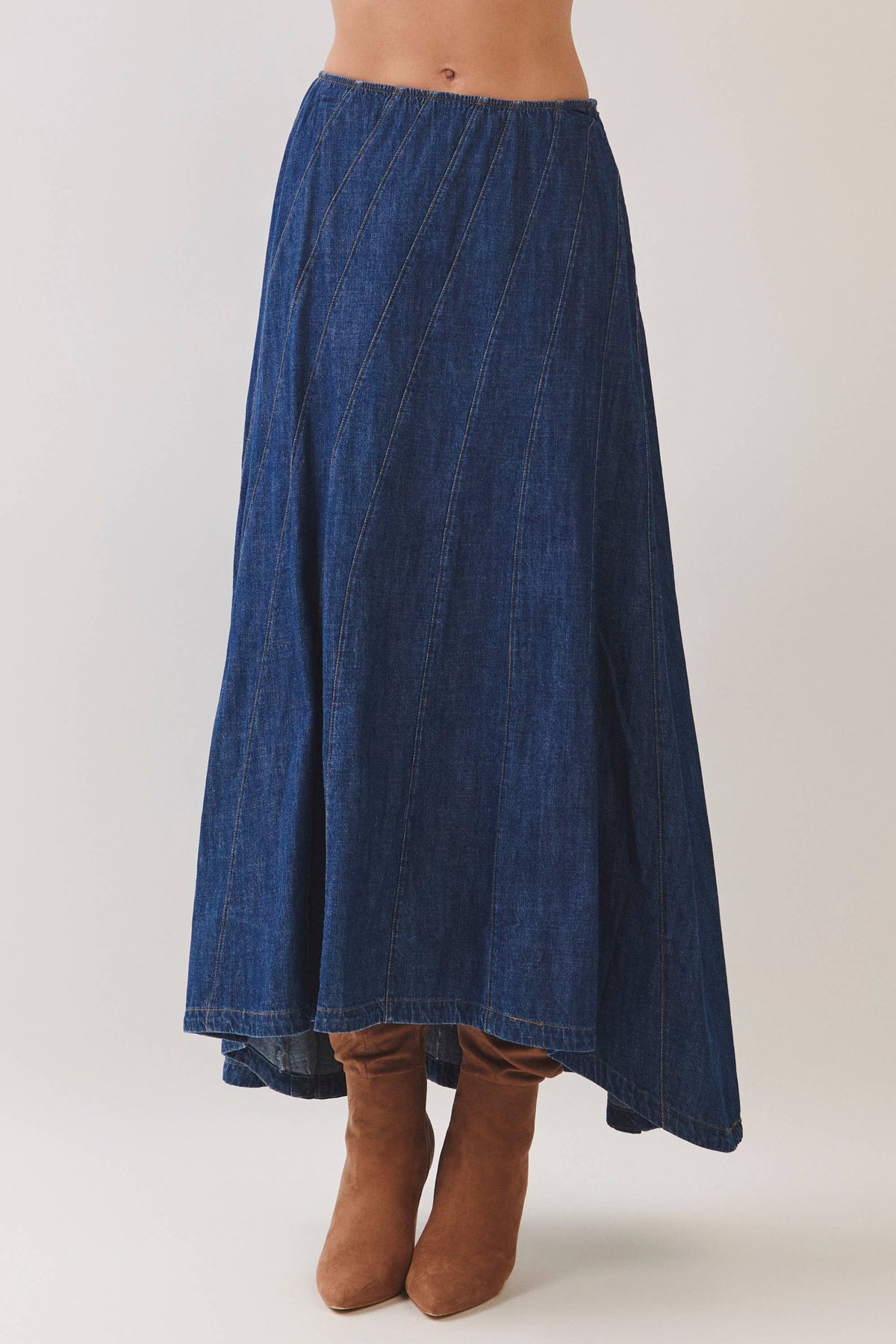 DENIM CURVED PANEL SEAM MAXI SKIRT