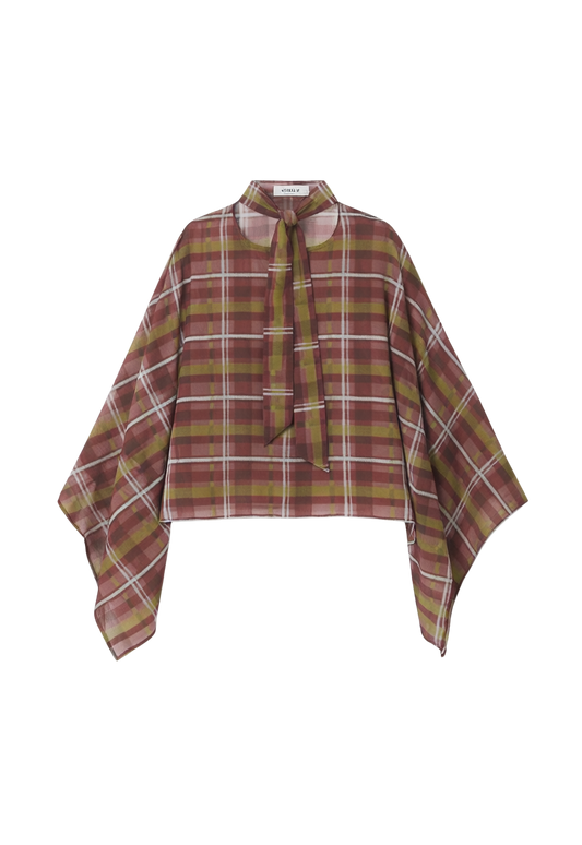 PLAID SCARF NECK PONCHO TOP