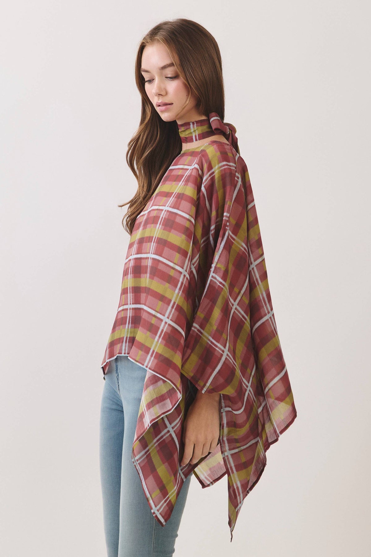 CT10174-Plaid Scarf Neck Poncho Top
