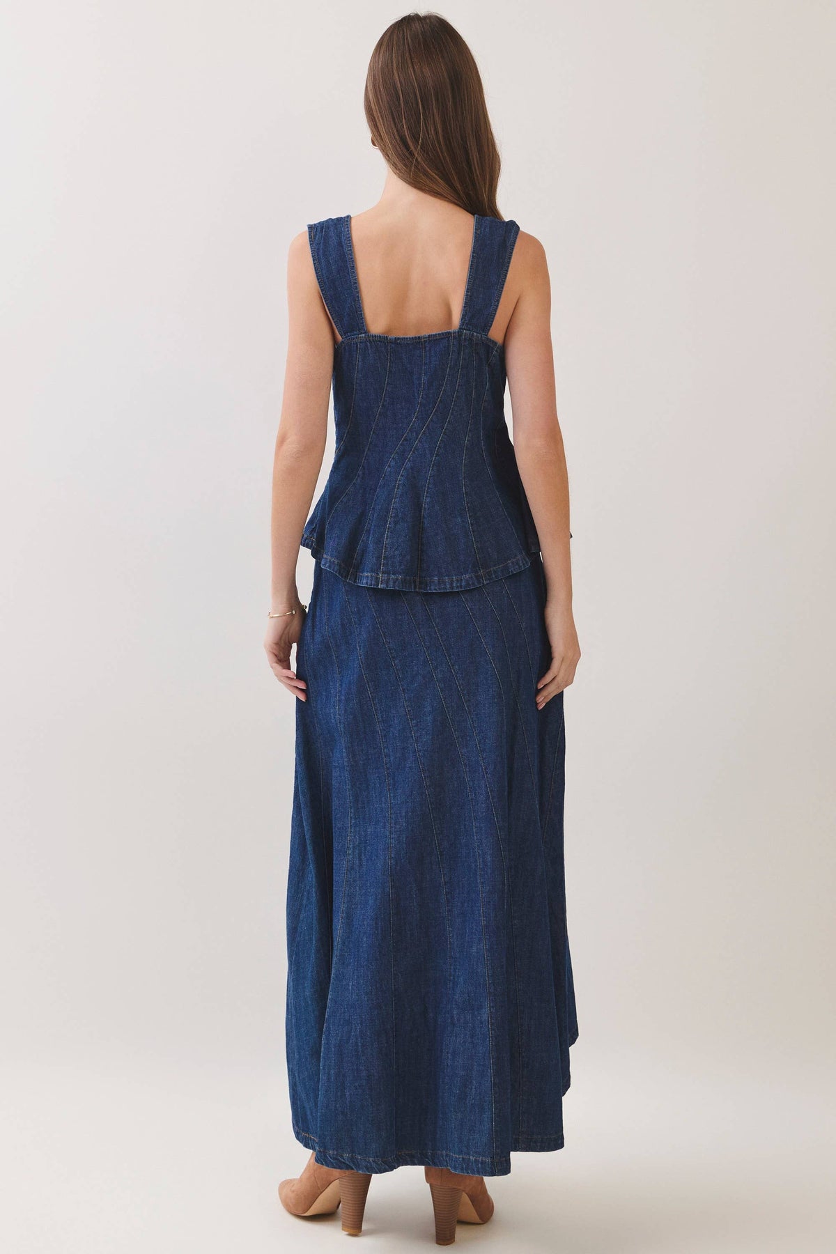 DENIM CURVED PANEL SEAM MAXI SKIRT
