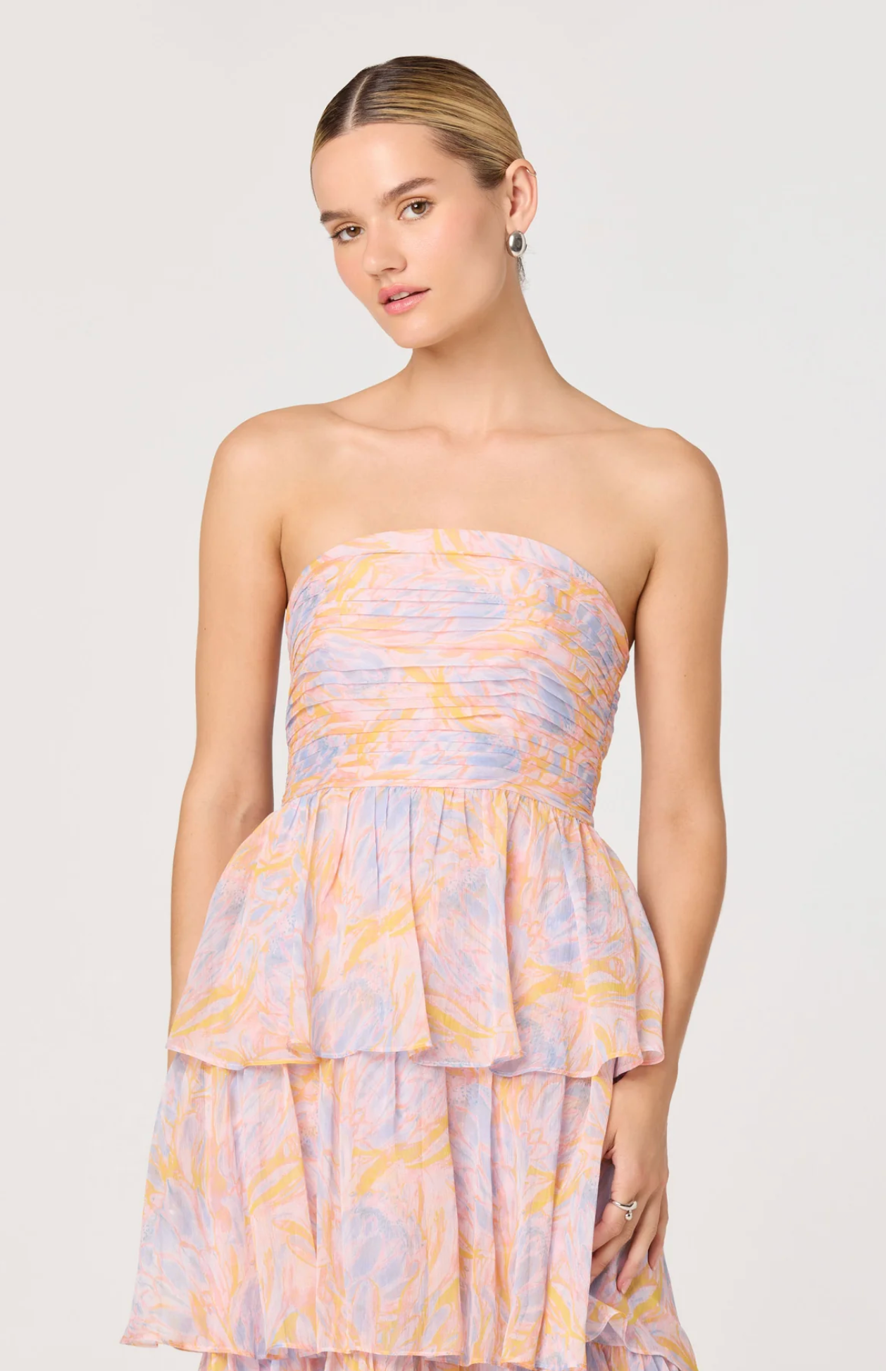 ANISHA STRAPLESS FLORAL RUFFLE MAXI DRESS